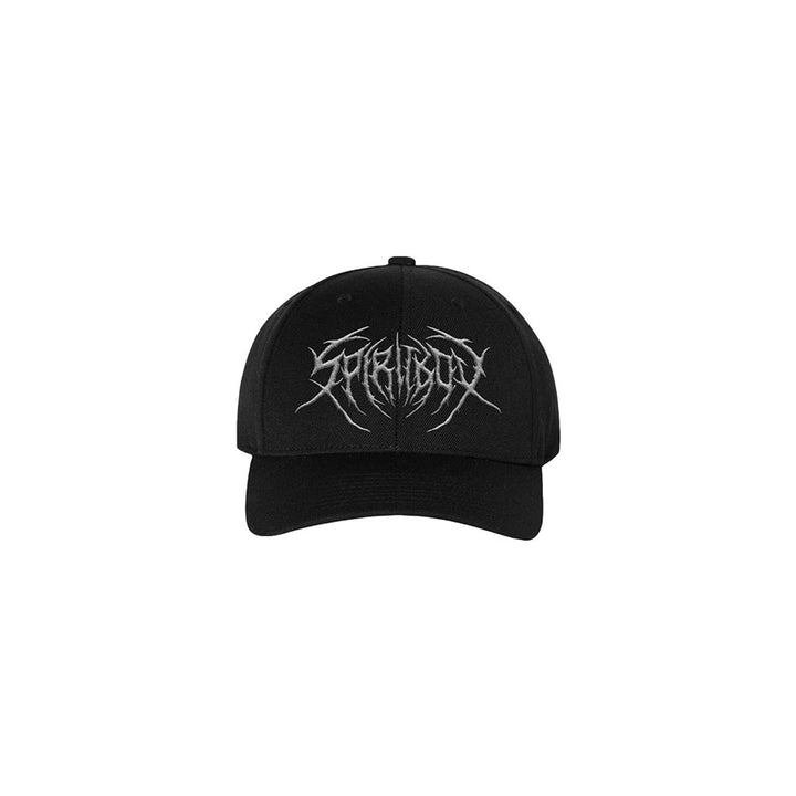 Black Snap Back baseball cap by Spiritbox, featuring an intricate silver spiky logo on the front reminiscent of Death Metal band emblems. Displayed against a plain white background.