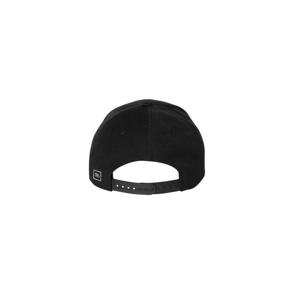 A black Spiritbox baseball cap shown from the back with an adjustable snapback closure and a small rectangular logo tag near the opening—an ideal accessory for any Spiritbox fan.