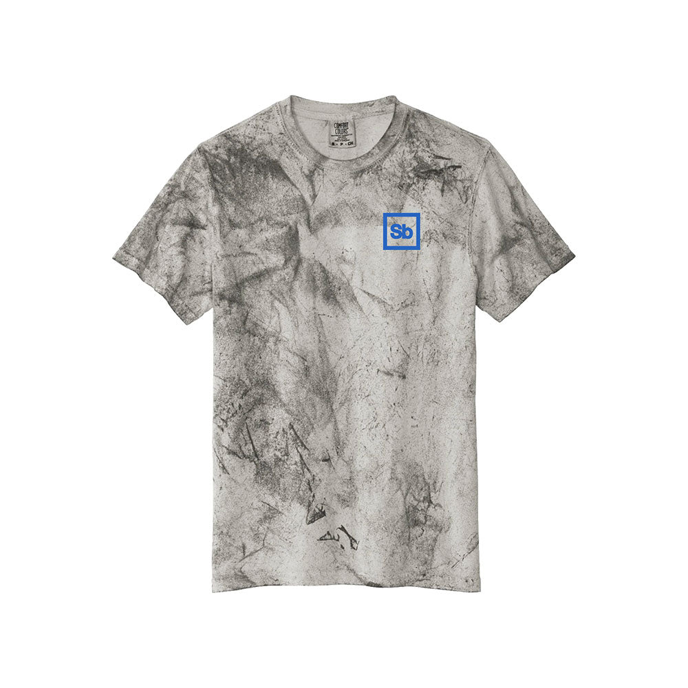 Spiritbox gray short-sleeved Colorblast Smoke T-shirt with a black marbled texture and small blue "Sb" logo on the left chest, shown on a white background.