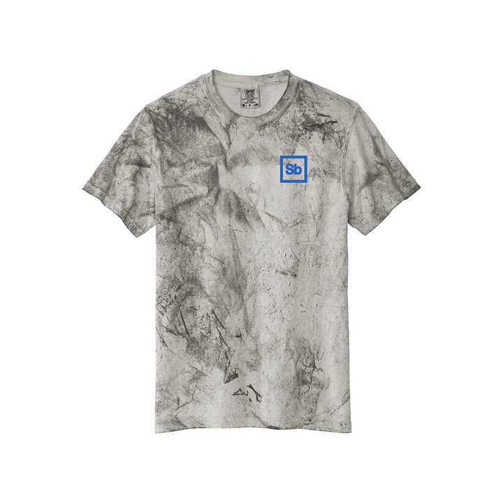 Spiritbox gray short-sleeved Colorblast Smoke T-shirt with a black marbled texture and small blue "Sb" logo on the left chest, shown on a white background.