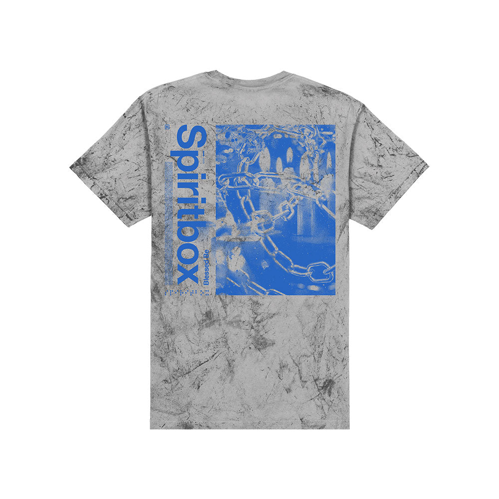 A gray marbled Spiritbox Colorblast Smoke T-Shirt features a large blue graphic with chains and abstract shapes on the back, and "Spiritbox" printed vertically along the left side.