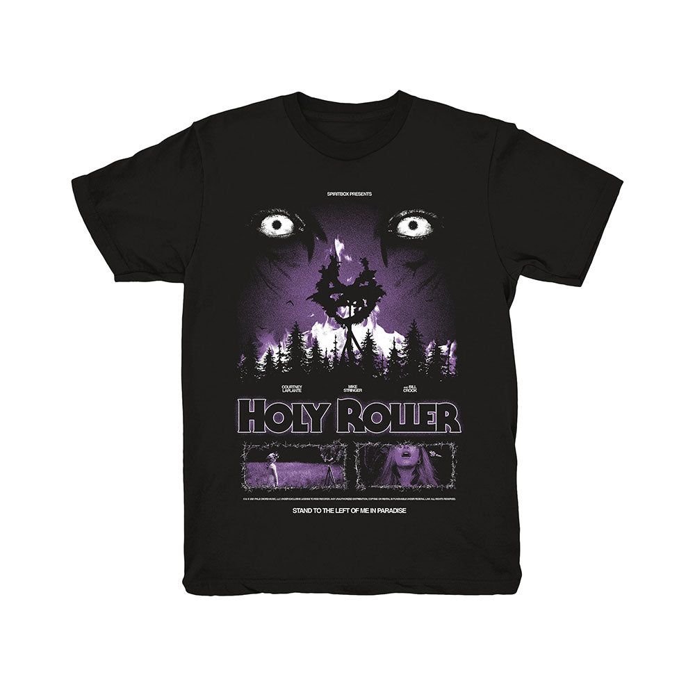 Spiritbox Black Horror T-Shirt features a spooky design with glowing white eyes, bats, trees, and an eerie purple house. "Holy Roller" is boldly printed with filmstrip-style images and small text underneath.