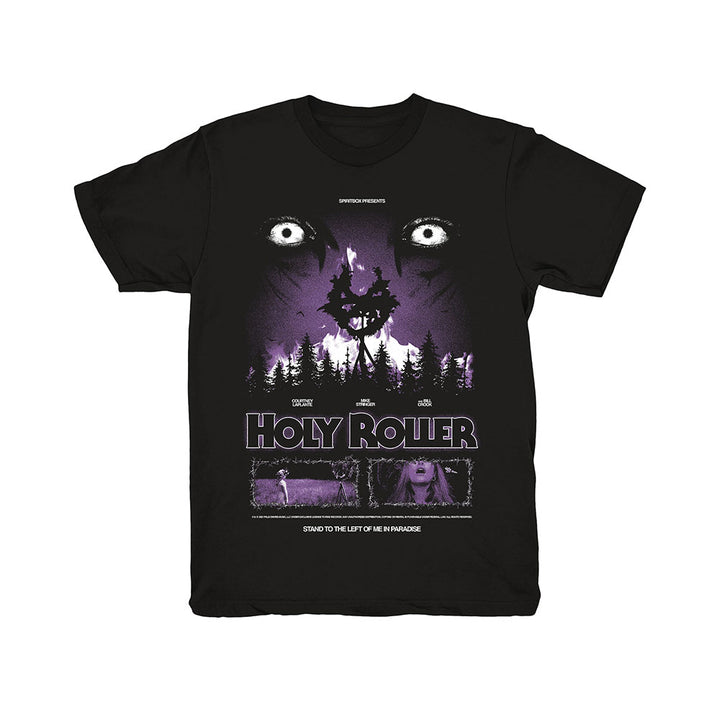 Spiritbox Black Horror T-Shirt features a spooky design with glowing white eyes, bats, trees, and an eerie purple house. "Holy Roller" is boldly printed with filmstrip-style images and small text underneath.