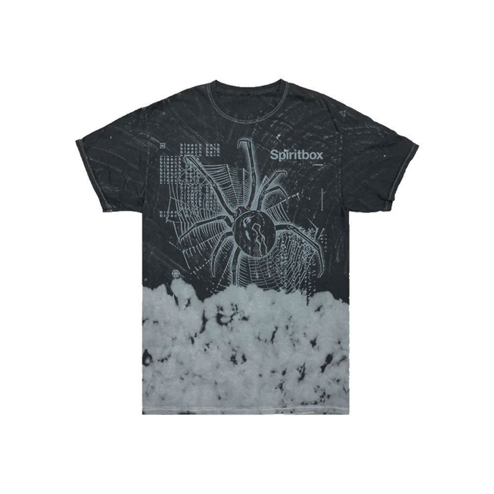 The Spiritbox Bleach Bath tie-dye T-shirt features a black and gray design with a large spider graphic and the Spiritbox name printed on the upper left chest.