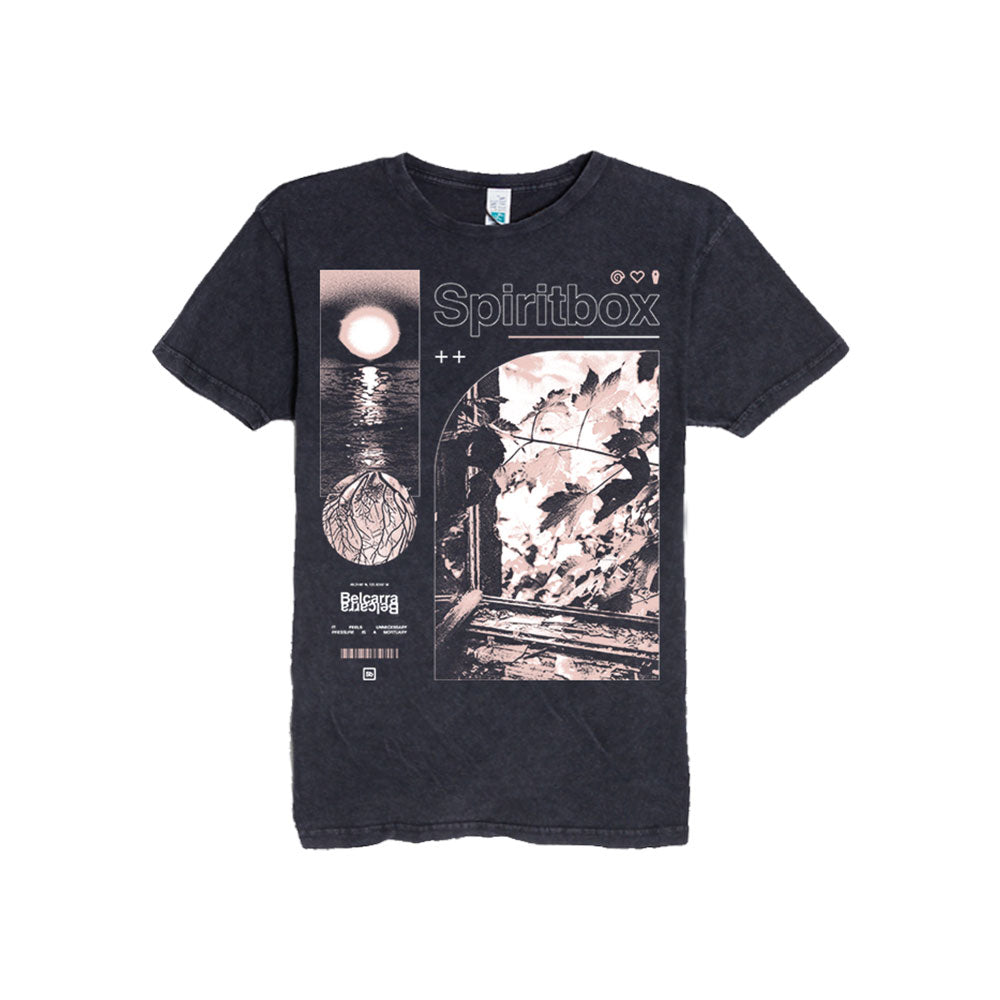 Spiritbox Vintage Black Belcarra T-Shirt with “Spiritbox” text, a surreal moonlit sea, geometric sphere, two figures by a fence, subtle pink accents, and unique small icons.