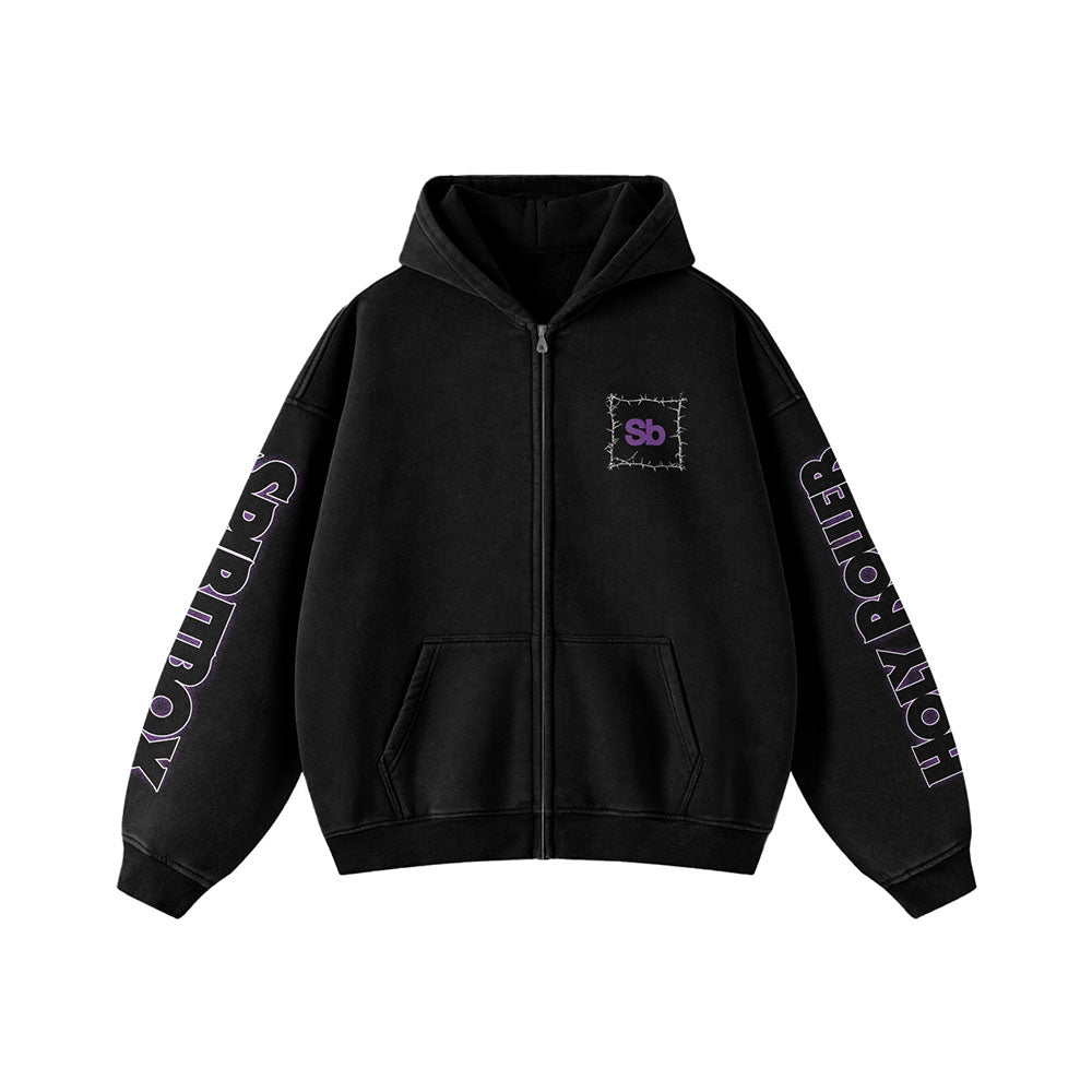 A Spiritbox Horror Black Zip-Up hoodie with a hood, featuring Sb in a barbed wire frame on the chest, "Spiritbox SORROW" on the right sleeve, and "HOLY ROUTER" on the left—each printed in bold purple.