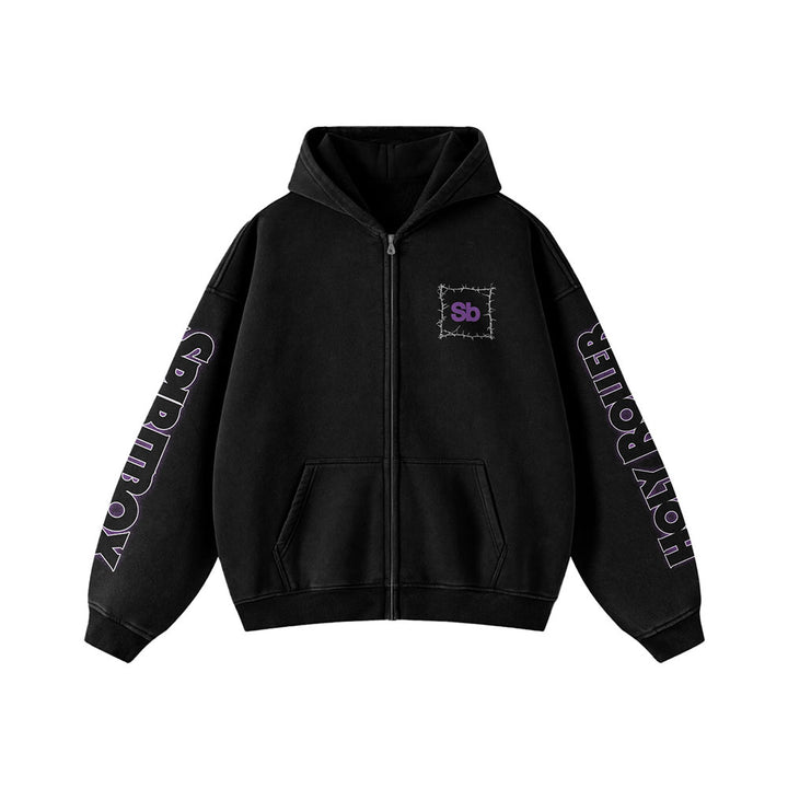 A Spiritbox Horror Black Zip-Up hoodie with a hood, featuring Sb in a barbed wire frame on the chest, "Spiritbox SORROW" on the right sleeve, and "HOLY ROUTER" on the left—each printed in bold purple.