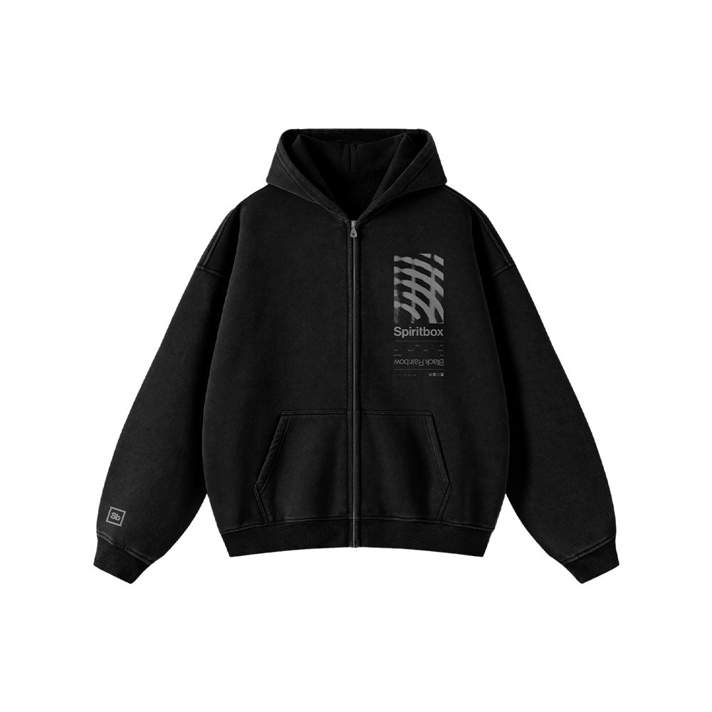 The Spiritbox Distortion Black Sweatshirt is a black zip-up hoodie with front pockets, a left chest Spiritbox graphic with abstract lines, and a small patch sewn on the left sleeve near the cuff.