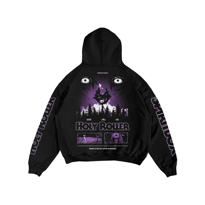 Spiritbox hoodie featuring a large purple Holy Roller-inspired graphic on the back with eyes, a forest, wolf, and “HOLY ROTTER” text. Bold sleeve text enhances its dark, supernatural vibe true to the Spiritbox brand.