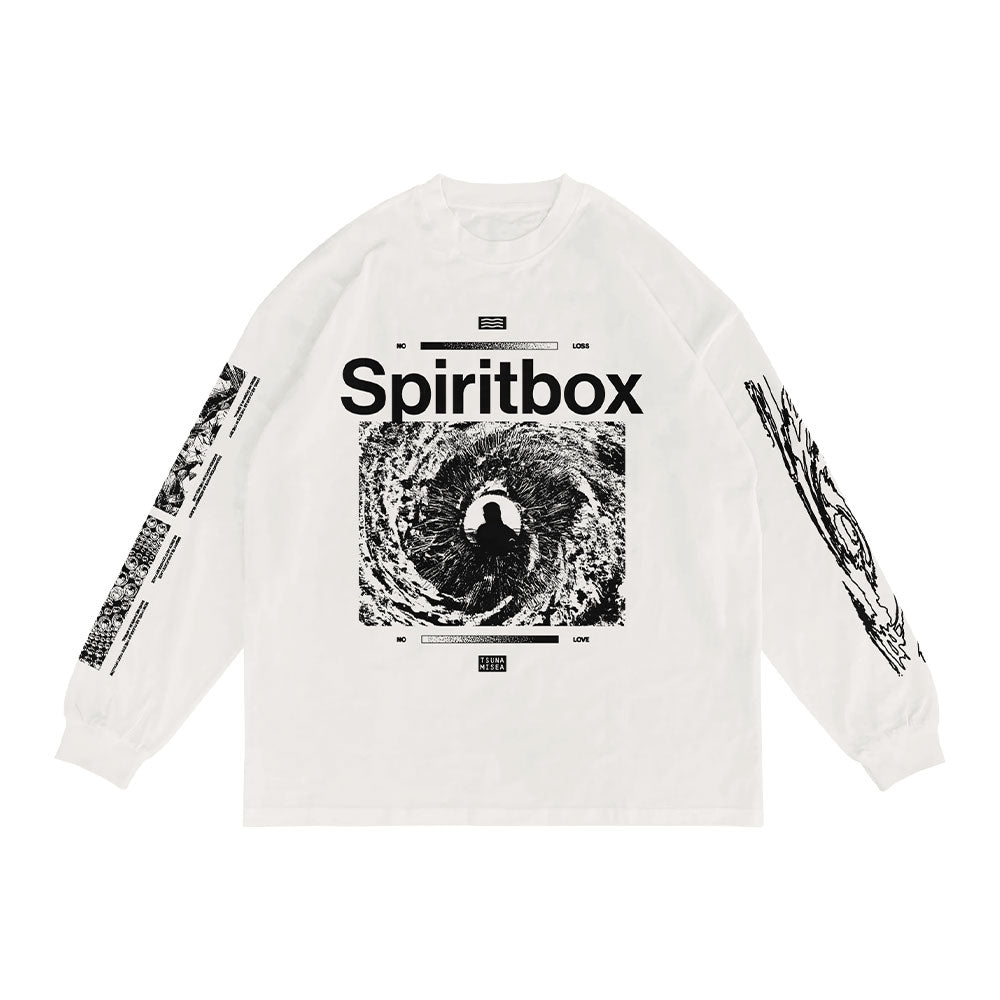 The Spiritbox Spiral White Long Sleeve features "Spiritbox" above a black and white abstract circular front graphic, with coordinating spiral designs and text down both sleeves.