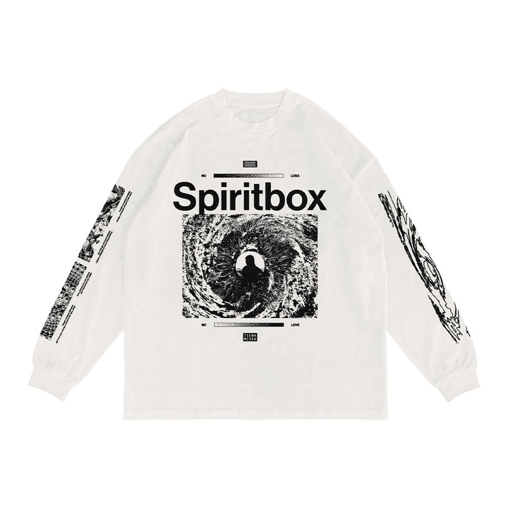 The Spiritbox Spiral White Long Sleeve features "Spiritbox" above a black and white abstract circular front graphic, with coordinating spiral designs and text down both sleeves.