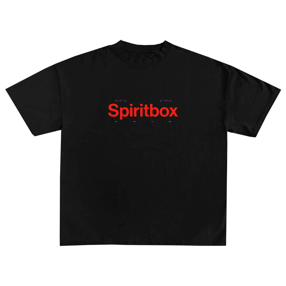 A black Spiritbox band shirt with bold red "Spiritbox" text and blue and purple symbols above and below for a striking Keyhole T-shirt design.