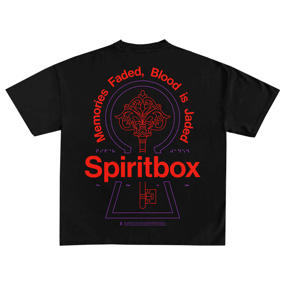 Spiritbox black band shirt with a red and purple back graphic, "Memories Faded, Blood is Jaded" in a circular arc, bold red Spiritbox text, plus a stylized keyhole and ornate center design.