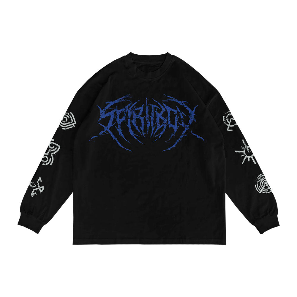 The Spiritbox Shatter Black Long Sleeve is a sleek band tee with a blue stylized logo on the chest and white abstract designs on both sleeves.