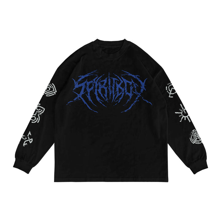The Spiritbox Shatter Black Long Sleeve is a sleek band tee with a blue stylized logo on the chest and white abstract designs on both sleeves.