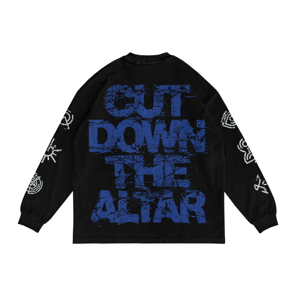 A black Spiritbox Shatter Black Long Sleeve with white graphics on the sleeves and bold blue distressed text on the back reading CUT DOWN THE ALTAR—an ideal addition to any Spiritbox merch collection.