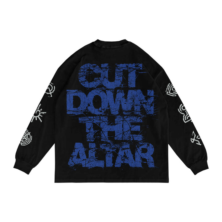 A black Spiritbox Shatter Black Long Sleeve with white graphics on the sleeves and bold blue distressed text on the back reading CUT DOWN THE ALTAR—an ideal addition to any Spiritbox merch collection.