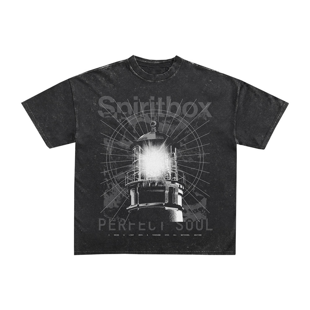 The Spiritbox Lighthouse T-Shirt in black mineral wash features a bold graphic of a glowing lighthouse with radiating lines, "Spiritbox" above, and "Perfect Soul" below in large letters.