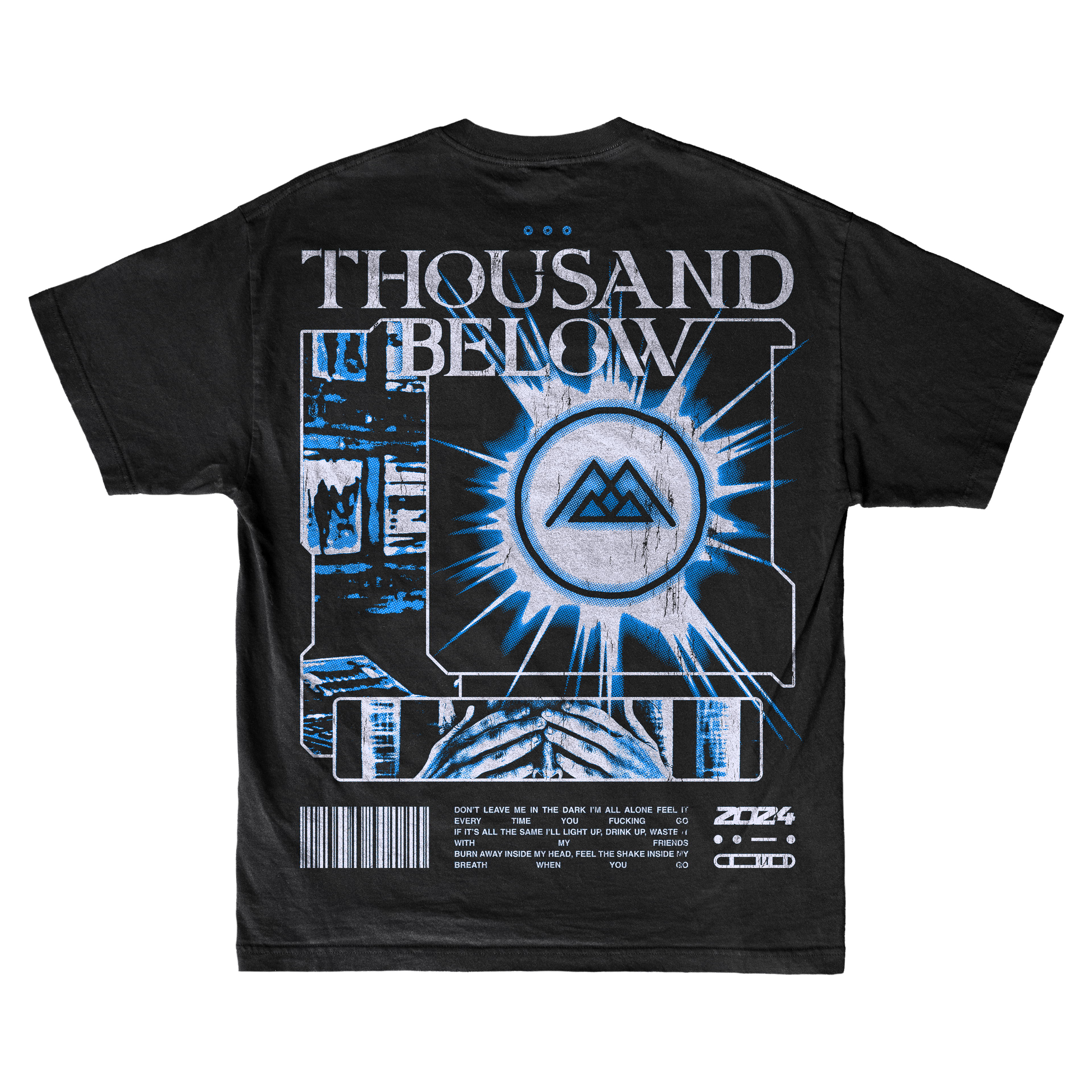 Black t-shirt by Thousand Below with bold logo, geometric blue and white digital graphics, central emblem, barcode, and futuristic details. Crafted from ring-spun cotton using OEKO-TEX certified dyes for comfort and safety.
