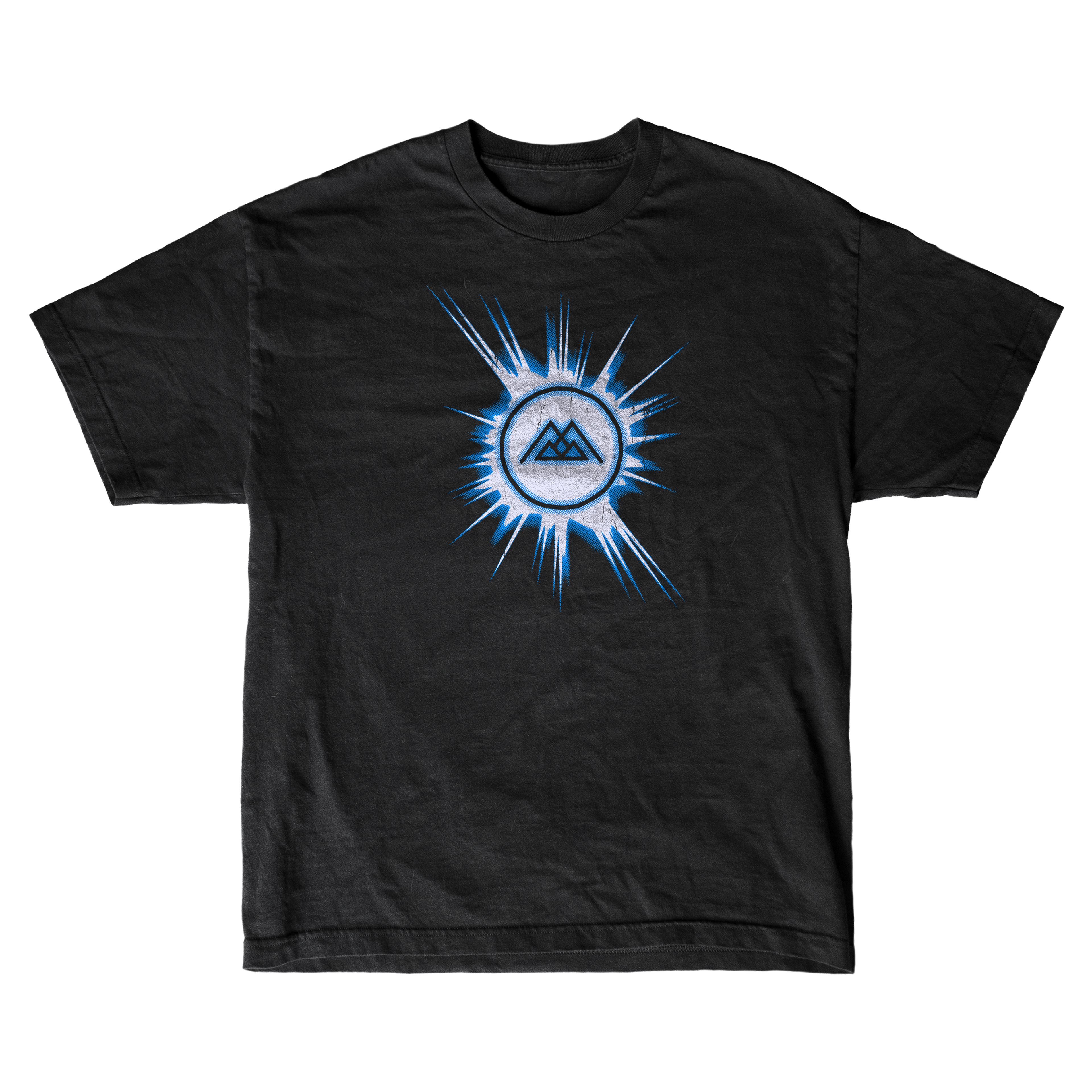 Thousand Below black t-shirt with a bright blue starburst graphic and a circular emblem featuring a minimalist mountain design at the center. Made from soft, ring-spun cotton for lasting comfort.