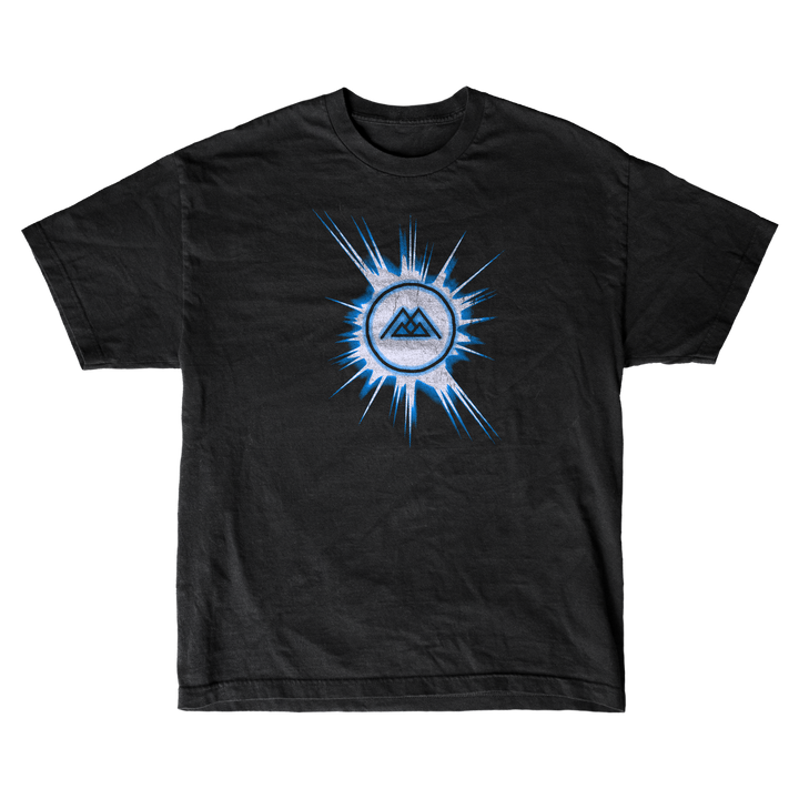 Thousand Below black t-shirt with a bright blue starburst graphic and a circular emblem featuring a minimalist mountain design at the center. Made from soft, ring-spun cotton for lasting comfort.
