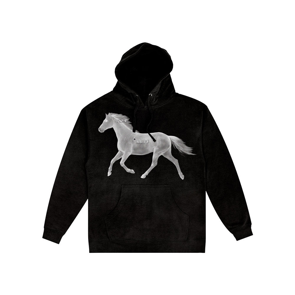 The SIIICKBRAIN Horse Black Pullover Hoodie features a bold white running horse graphic on the chest, front pocket, hood with drawstrings, and showcases SIIICKBRAIN's signature edgy style.