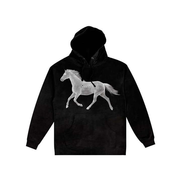 The SIIICKBRAIN Horse Black Pullover Hoodie features a bold white running horse graphic on the chest, front pocket, hood with drawstrings, and showcases SIIICKBRAIN's signature edgy style.
