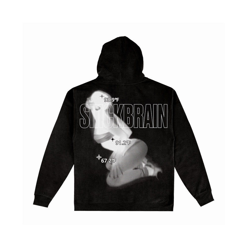 The SIIICKBRAIN Horse Black Pullover Hoodie features a grayscale image of a kneeling woman in lingerie, temperature readings, and "Siiickbrain" boldly printed on the back.