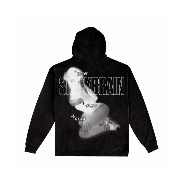 The SIIICKBRAIN Horse Black Pullover Hoodie features a grayscale image of a kneeling woman in lingerie, temperature readings, and "Siiickbrain" boldly printed on the back.