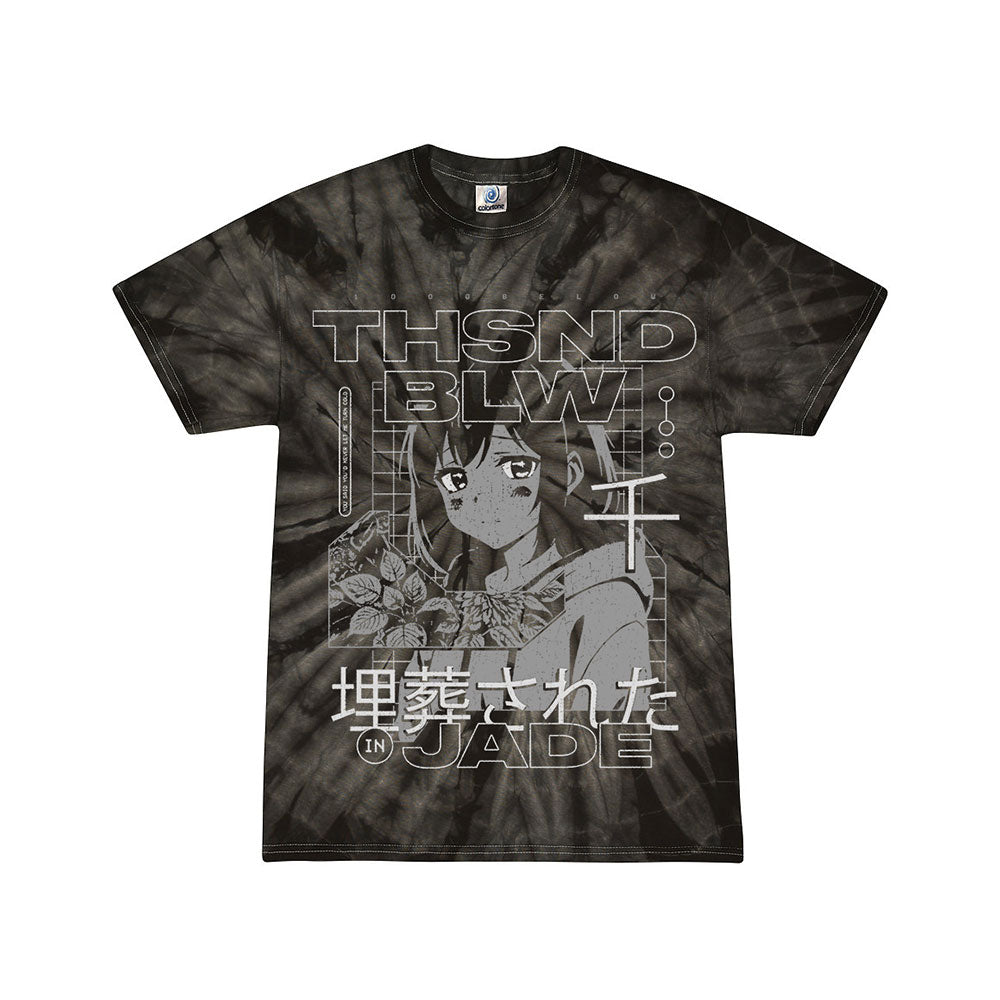 Black tie-dye t-shirt by Thousand Below featuring a grayscale anime-style character, floral designs, bold THSND BLW and IN JADE text, plus stylized Japanese writing and geometric details.