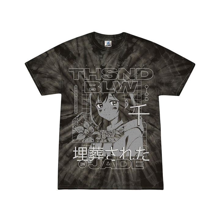 Black tie-dye t-shirt by Thousand Below featuring a grayscale anime-style character, floral designs, bold THSND BLW and IN JADE text, plus stylized Japanese writing and geometric details.