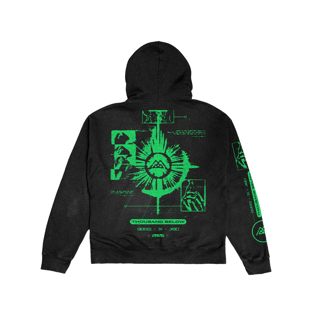Thousand Below black pullover hoodie featuring neon green graphics on the back and sleeve with abstract geometric, sci-fi designs, text, and images, including their name and a unique "Buried In Jade" twist.