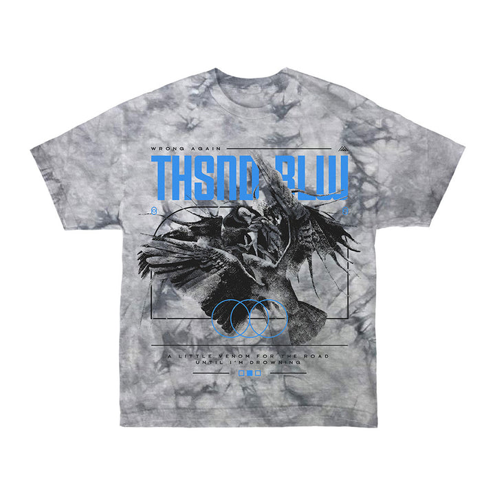Thousand Below Gray Crystal Silver Dye T-Shirt with black wings graphic, blue "THSDN BLW" text, geometric designs, and detailed bottom featuring smaller text and social media icons.
