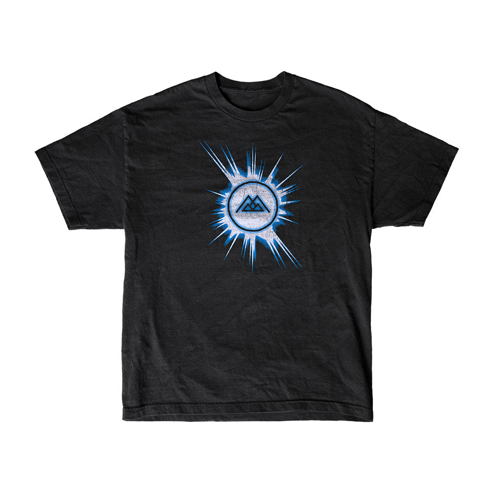 Thousand Below Shake Black T-Shirt with a blue burst center graphic and stylized mountain logo in a circle—a standout piece of official Thousand Below merch for fans.