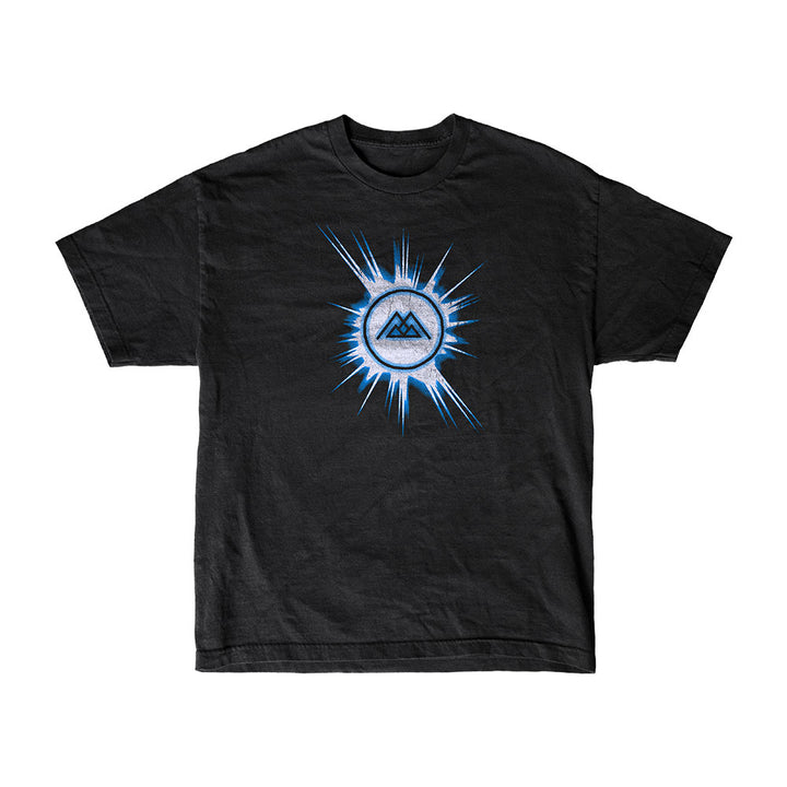 Thousand Below Shake Black T-Shirt with a blue burst center graphic and stylized mountain logo in a circle—a standout piece of official Thousand Below merch for fans.