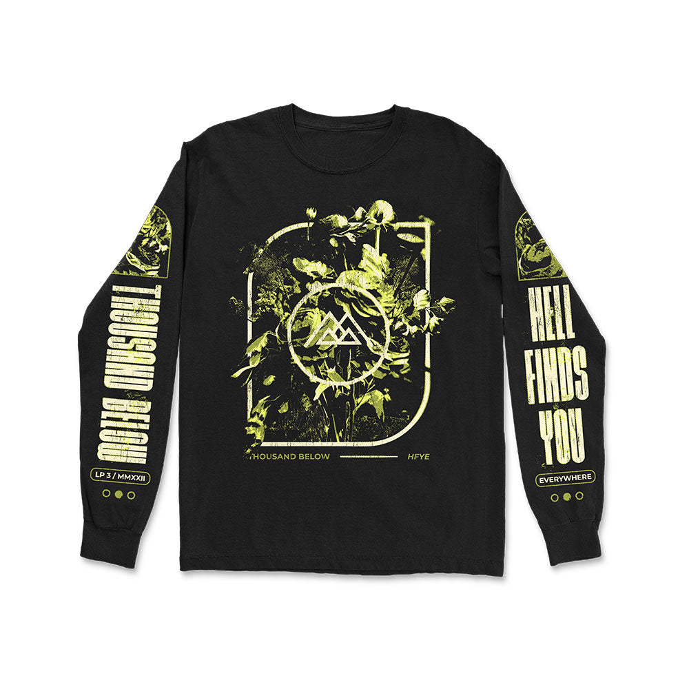 Thousand Below Black Flowers long sleeve shirt with yellow plant and geometric graphics on the front, bold yellow "THOUSAND BELOW" and "HELL FINDS YOU EVERYWHERE" text on the sleeves, plus additional small details.