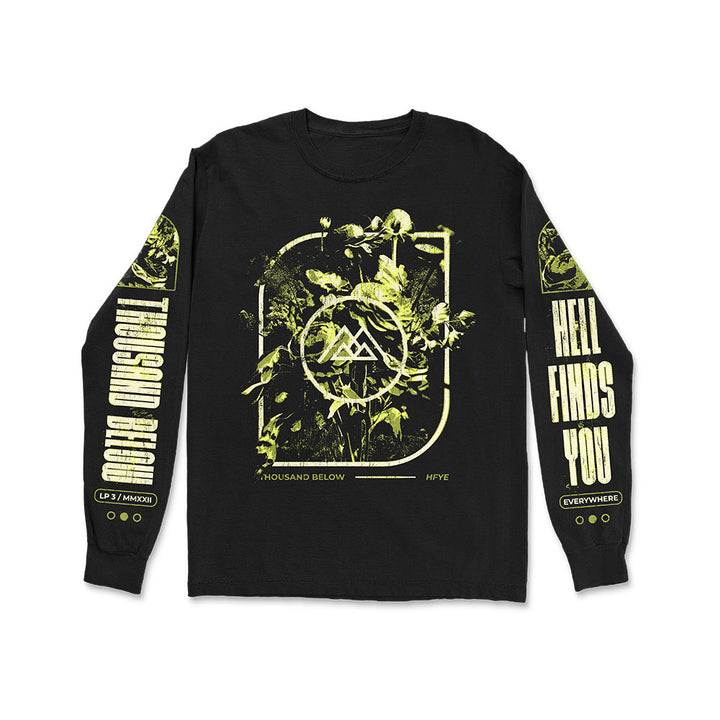 Thousand Below Black Flowers long sleeve shirt with yellow plant and geometric graphics on the front, bold yellow "THOUSAND BELOW" and "HELL FINDS YOU EVERYWHERE" text on the sleeves, plus additional small details.