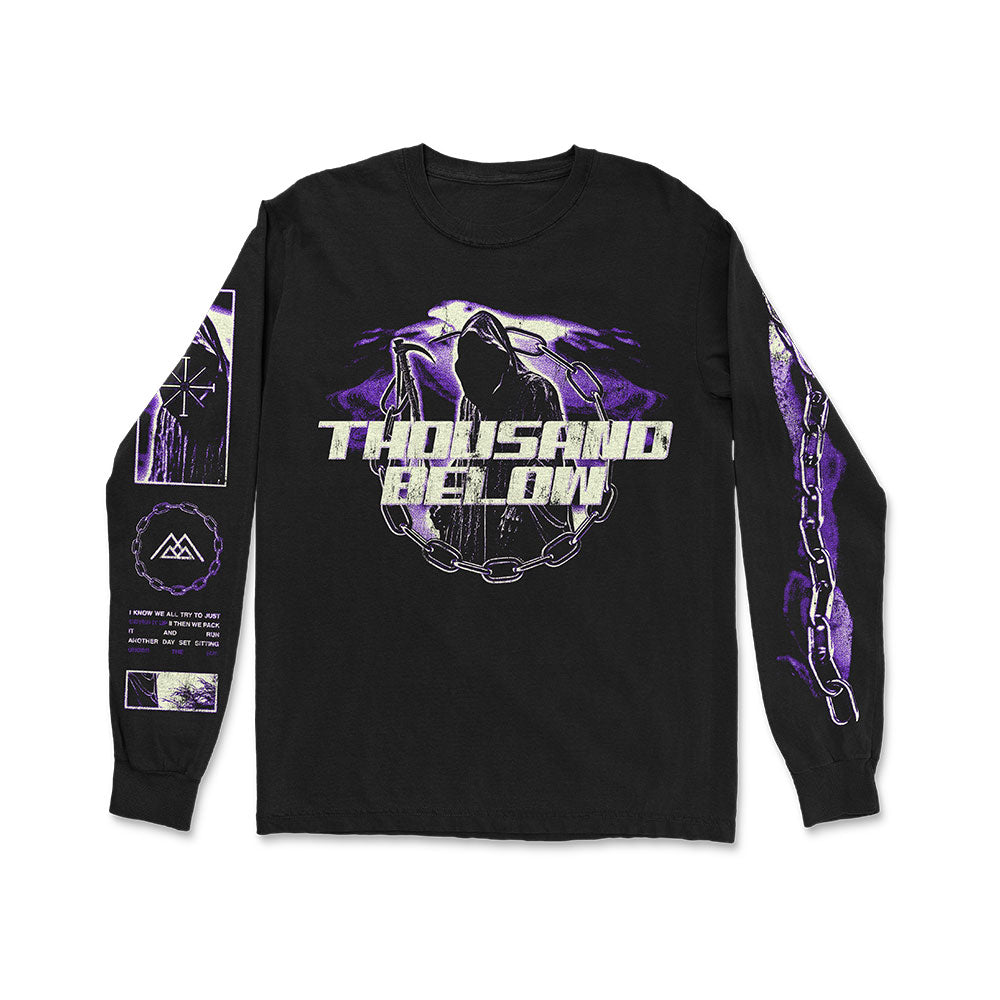 Thousand Below black long sleeve shirt featuring purple skull and chain graphic with band text on front, plus Face To Face-inspired purple graphics and symbols down both sleeves.