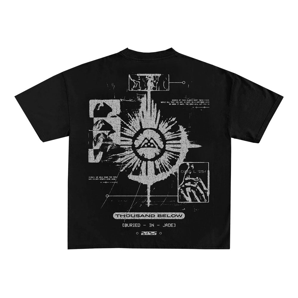 Black Thousand Below T-shirt featuring a large abstract white graphic on the back with technical and glitch-inspired designs, small rectangle illustrations, and the text "Buried In Jade ZIIXS" near the bottom.