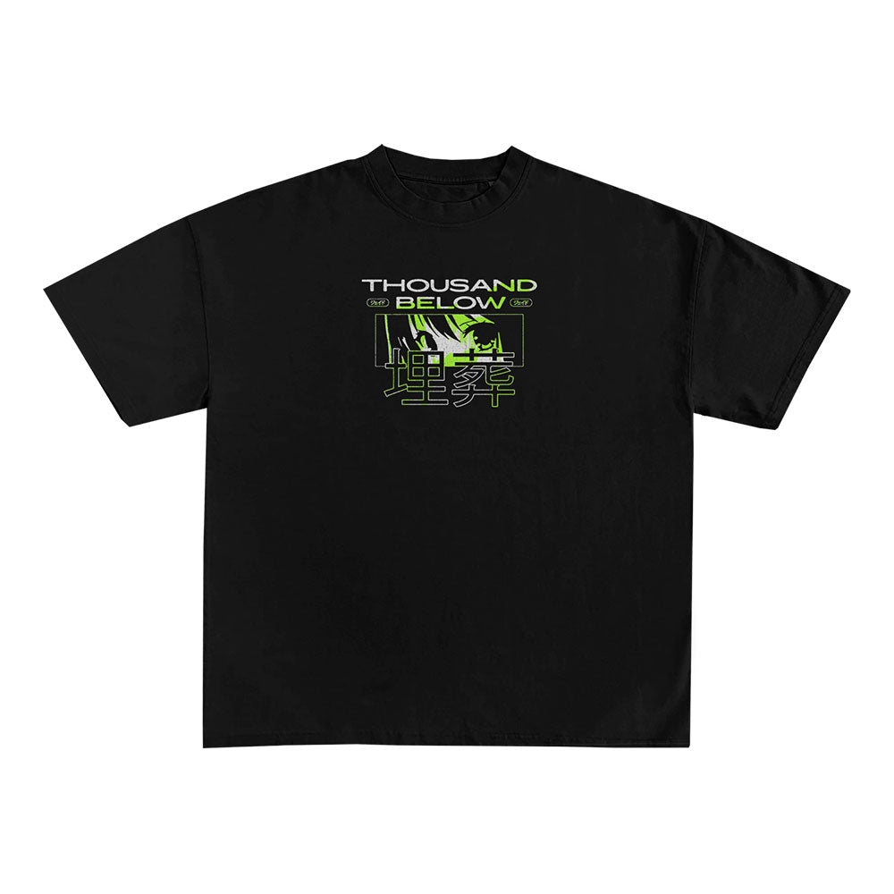 Thousand Below Anime Shirt with neon green and white "THOUSAND BELOW" text above stylized Asian characters and a central graphic design on the chest.