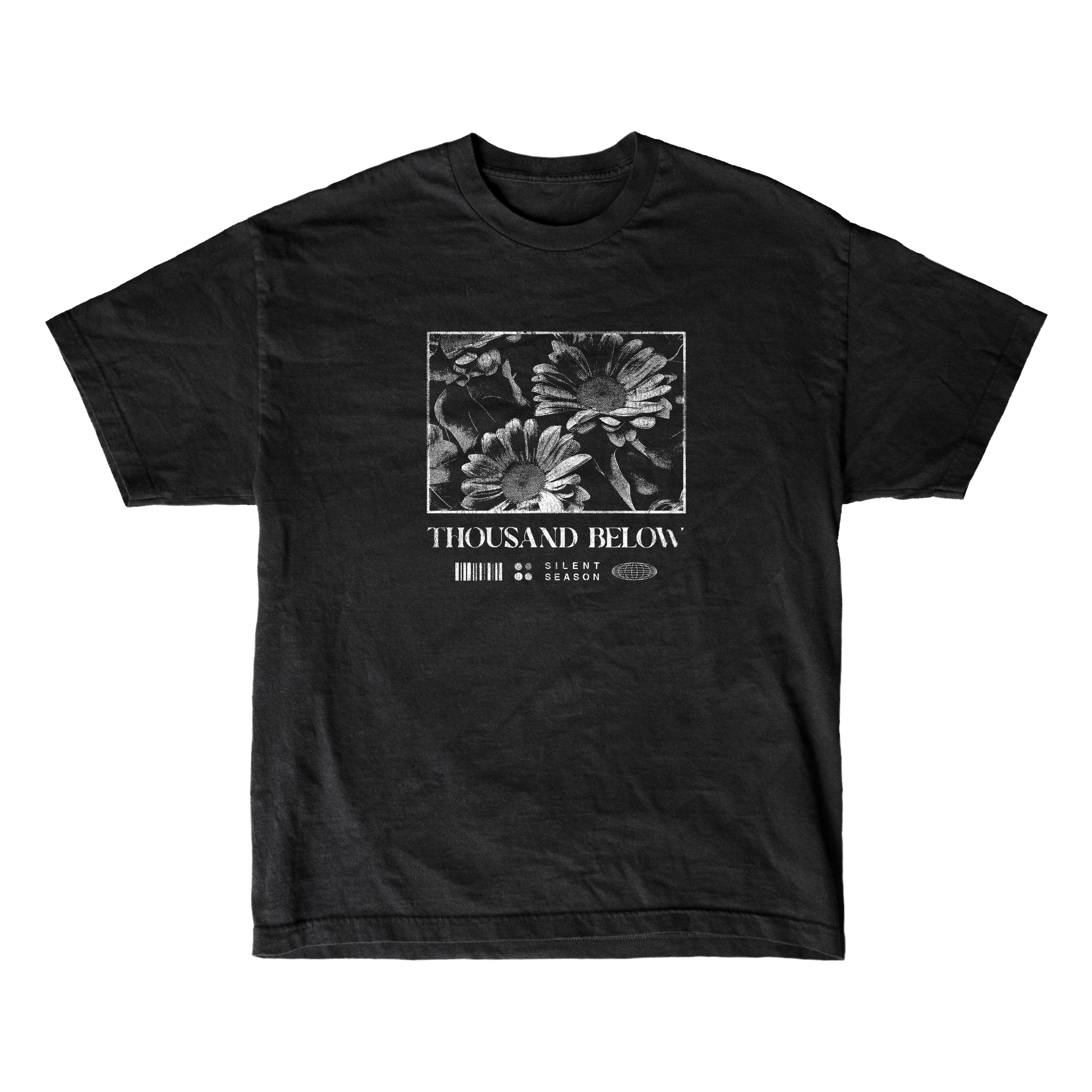 Black T-shirt by Thousand Below featuring a black-and-white floral chest design and logo text, made from soft ring-spun cotton with a modern classic fit—available as Gildan Softstyle T-Shirts.