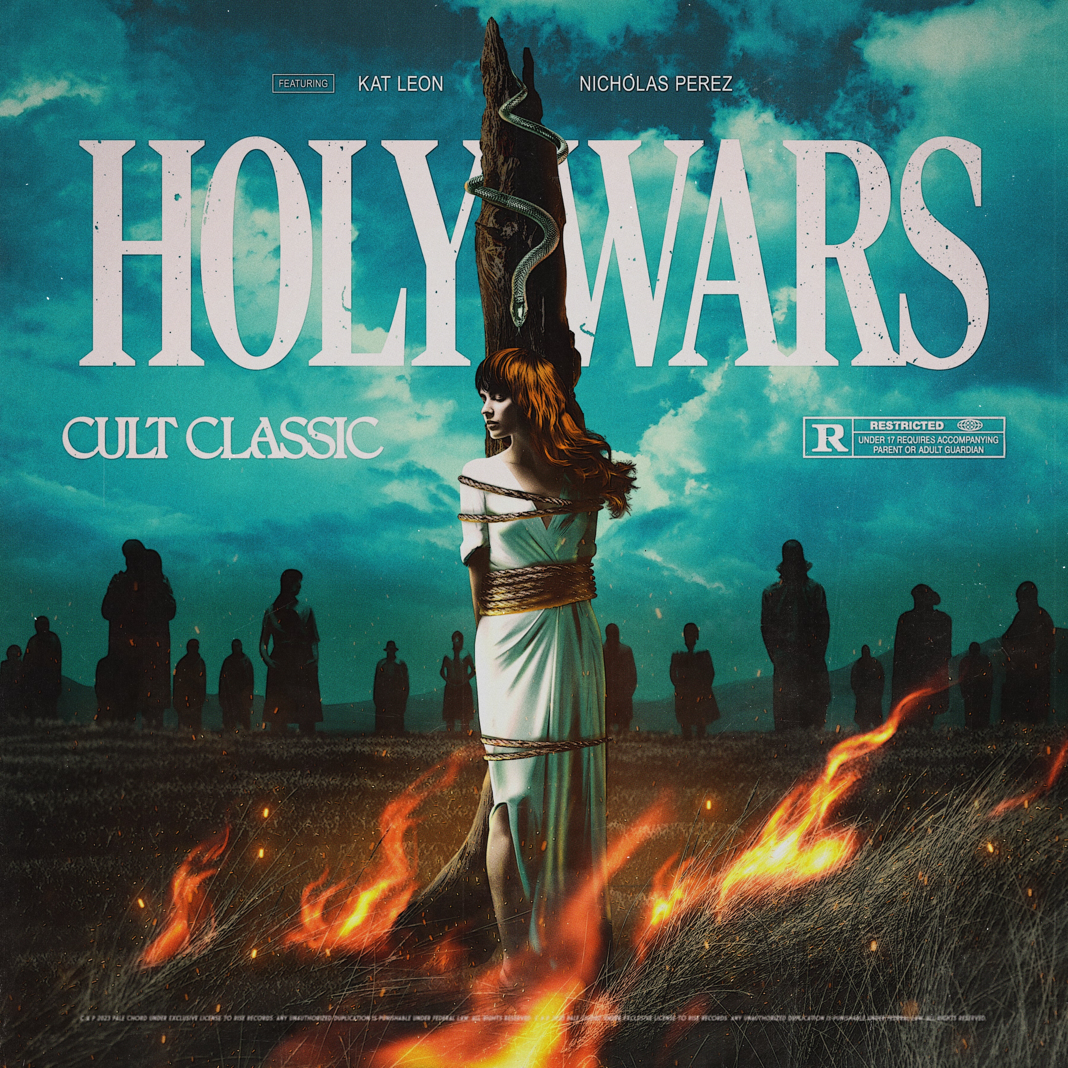 A woman in a white dress is tied to a wooden stake with flames at her feet. Silhouetted figures stand in the background beneath a stormy sky. Large text reads HOLY WARS and smaller text says CULT CLASSIC.