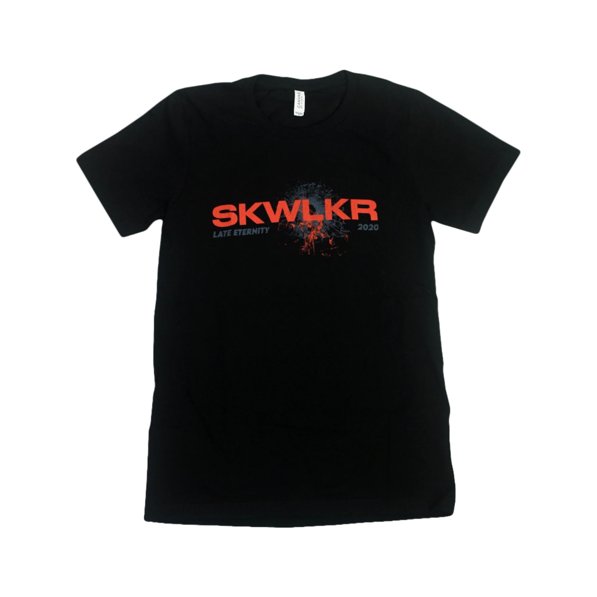 Skywalker black T-shirt made from 100% airlume combed cotton, featuring bold red SKWLKR text above white LATE ETERNITY 2020 and a red smoky graphic. Unisex sizing on premium Bella + Canvas for maximum comfort.