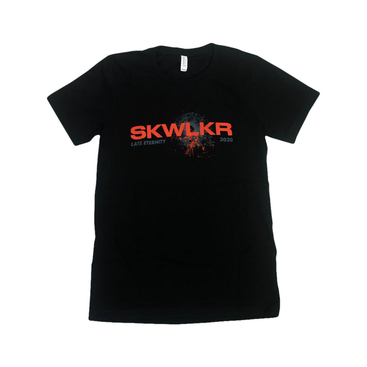 Skywalker black T-shirt made from 100% airlume combed cotton, featuring bold red SKWLKR text above white LATE ETERNITY 2020 and a red smoky graphic. Unisex sizing on premium Bella + Canvas for maximum comfort.