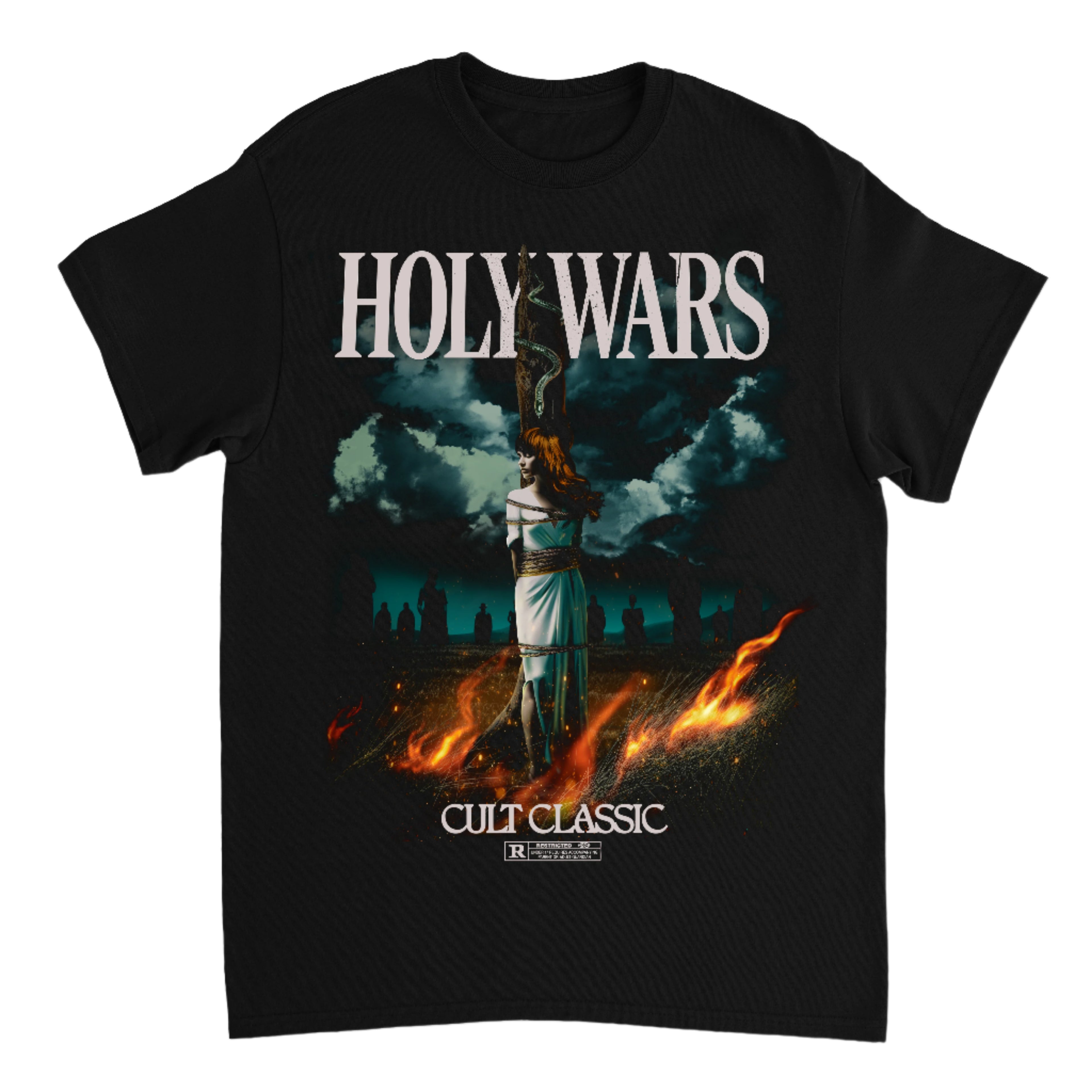 Holy Wars classic-fit black t-shirt, made from 100% Gildan Heavy Cotton, features a dramatic woman at the stake under stormy skies, with HOLY WARS, CULT CLASSIC, and an R rating graphic at the bottom.