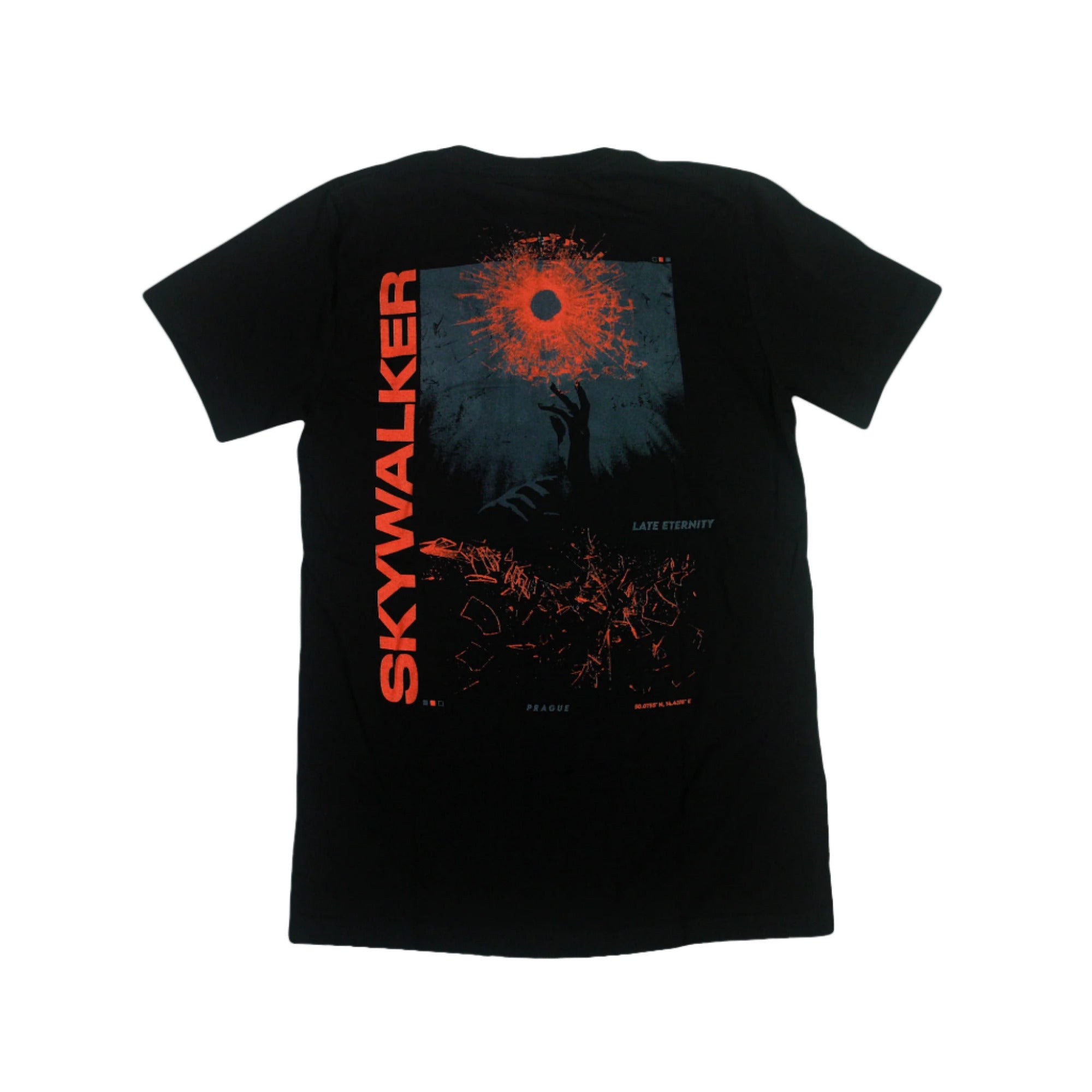 Skywalker black T-shirt with an abstract red and gray hand graphic on the back and "SKYWALKER" in bold. Made from 100% airlume combed cotton Bella + Canvas, unisex sizing.