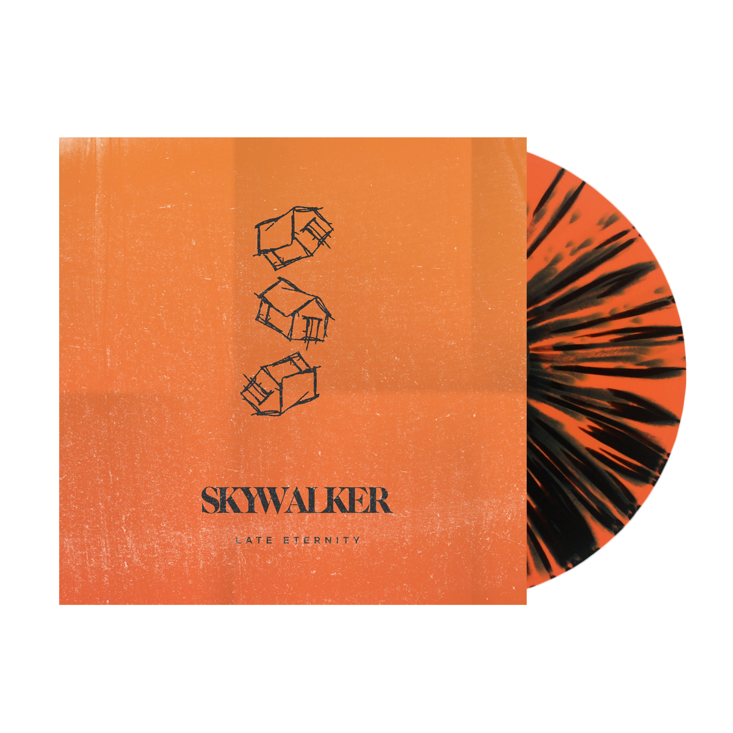 An orange vinyl record with black splatters is partially inside an orange Skywalker album cover, which displays three vertically stacked abstract cubes and the text SKYWALKER LATE ETERNITY at the bottom, inspired by Ignis.