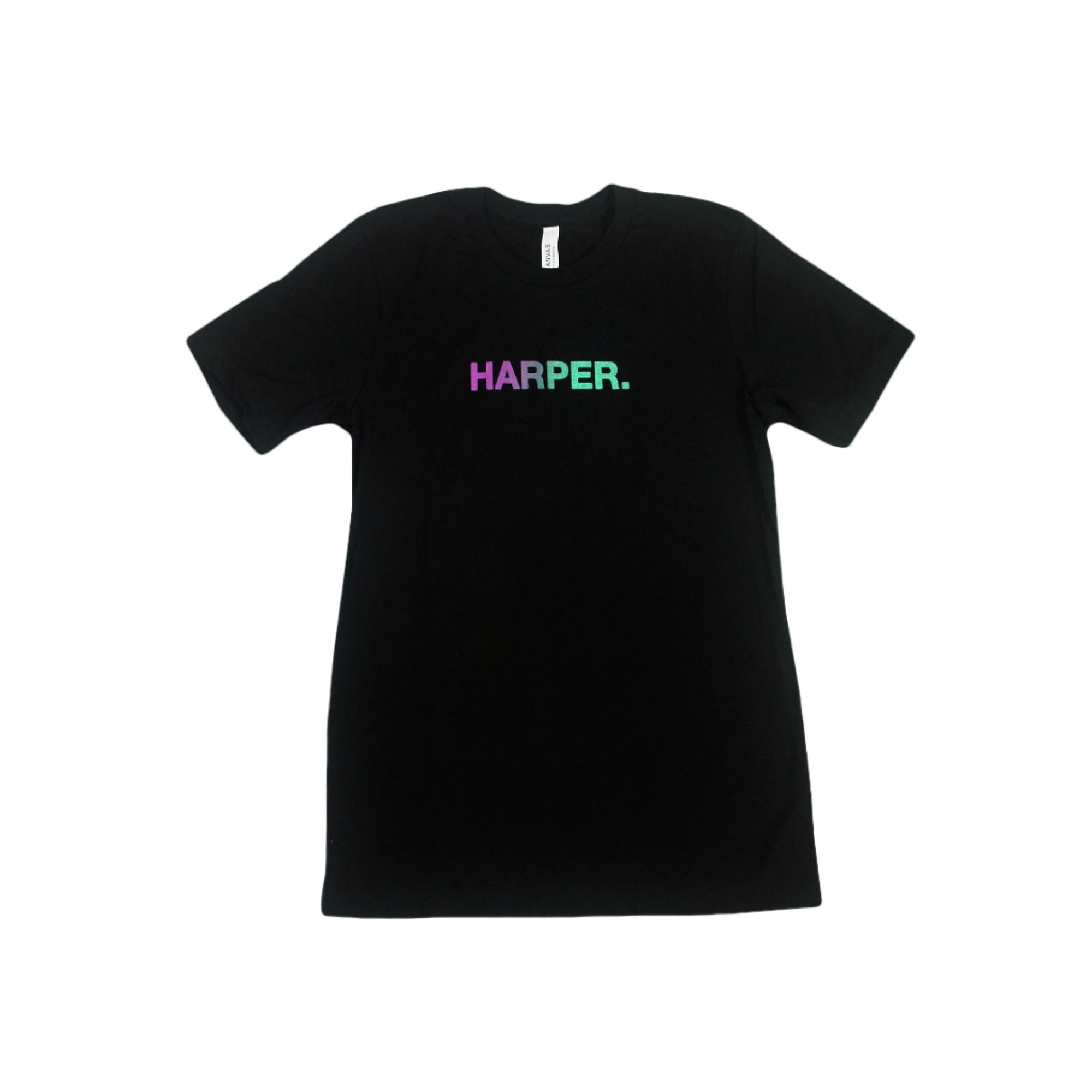 Black Harper T-shirt featuring "HARPER." in a purple-to-green gradient across the chest. Made from 100% cotton with unisex sizing, it is displayed flat on a white background for a clean, modern look.
