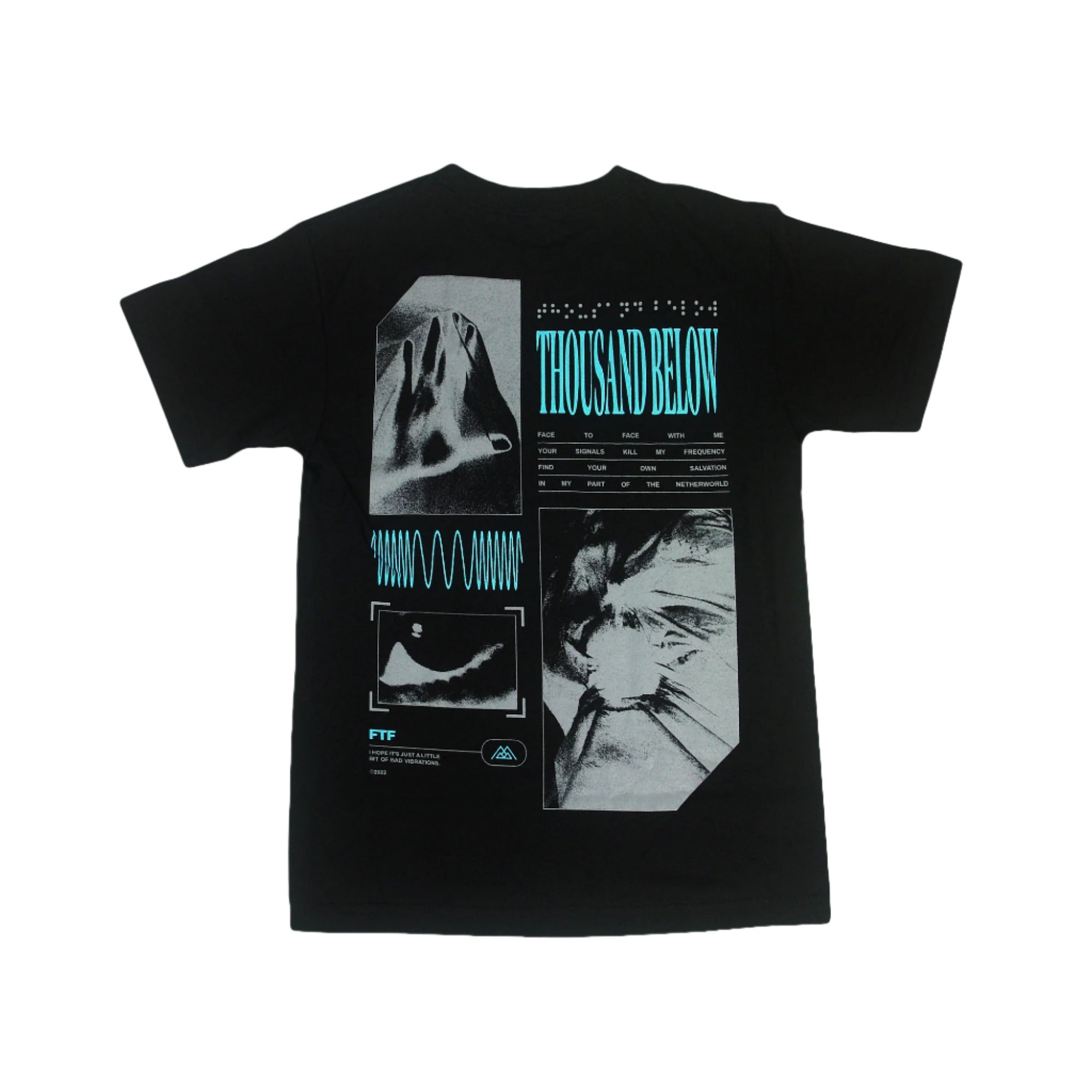 Thousand Below black t-shirt made from 100% cotton Alstyle Heavyweight, features abstract grayscale graphics, blue “THOUSAND BELOW”, waveform lines, geometric details, relaxed fit, and smaller text on the back.