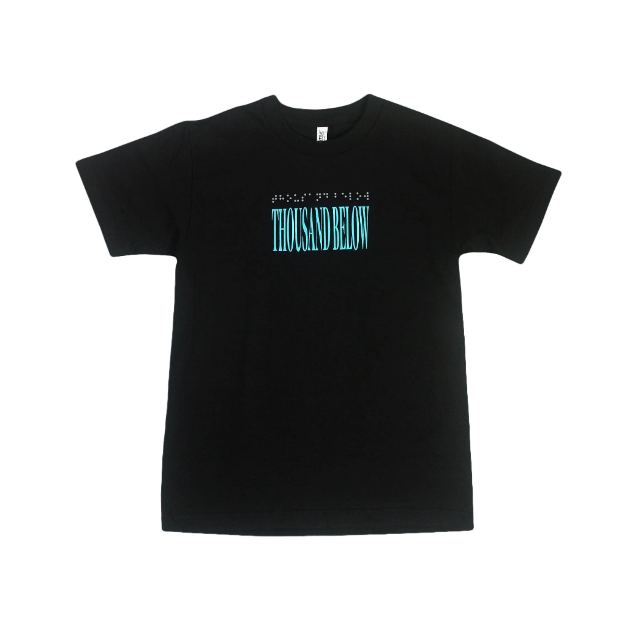 Thousand Below black T-shirt featuring large light blue THOUSAND BELOW text on the front with smaller white text above. Relaxed fit, made from 100% cotton Alstyle Heavyweight tee. Shown on a plain white background.